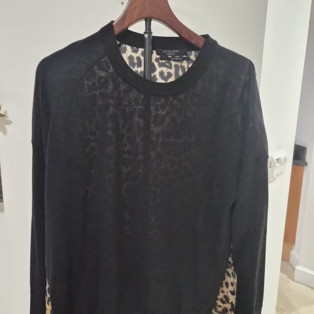 All Sainta Black and Leopard Print Women's Merino Wool Sweater Size M